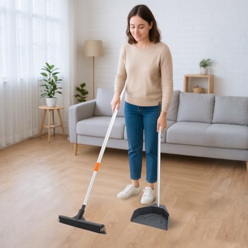 Superio Silicone Broom - Carpet Rake with 35" Long Handle Dustpan Set - Rubber Broom for Pet Hair on Carpet & Hardwood Floors, Stand-Up Dustpan with Aluminum Handle - Gray - style: Dustpan with Broom (2)