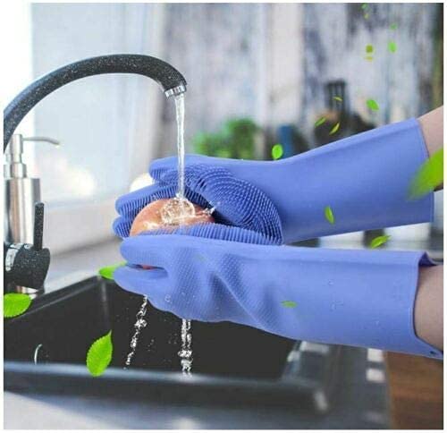 Silicone Dishwashing Gloves, Pet Grooming Rubber Scrubbing for Dishes, Sponge Wash Cleaning with Scrubbers (13.6" L) - color: Blue