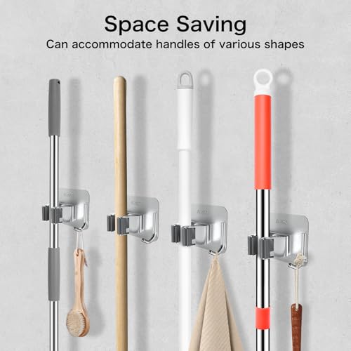 nacena 4 Pack No Drill Self Adhesive Broom Mop Holder Wall Mount with Hooks, Heavy Duty Stainless Steel Organizer for Kitchen Bathroom Garage Storage,Silver - color: Brushed Nickel-4 Packs
