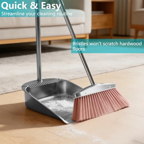 Stainless Steel Broom and Dustpan Set, 2-Piece, Long Handle Standing Design with Comb Teeth, Heavy Duty Windproof Upright for Home, Kitchen, Indoor Outdoor Use (Silver Teeth) - color: Silver Teeth