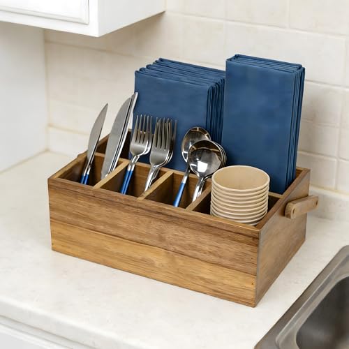 VaeFae Acacia Silverware Caddy with Handle, Wooden Utensil Holder, Mulip-pose Organizer for Kitchen, Office, Bathroom, Bedroom (Large, 5 compartments) - size: Large, 5 compartments
