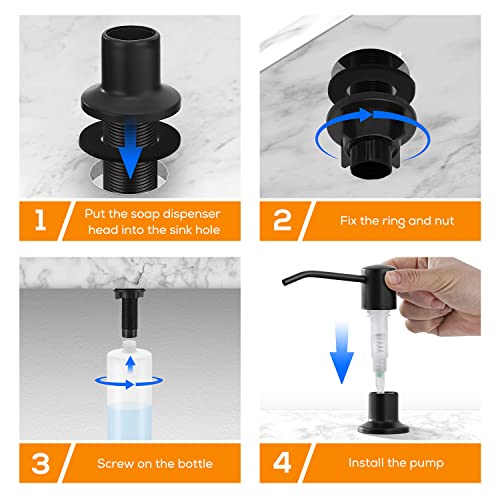 Built in Soap Dispenser for Kitchen Sink Matte Black Stainless Steel Pump Head, Counter Soap Dispenser Refill from The Top with 17 Oz PE Bottle - color: Matte Black