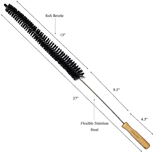 Bristle and Flexible Brush 27 Inch for Clothes Dryer Lint Vent Trap Cleaning, Refrigerator Coil, Drain Pipes and Radiators Cleaning (Wood Handle - 2 Pack)