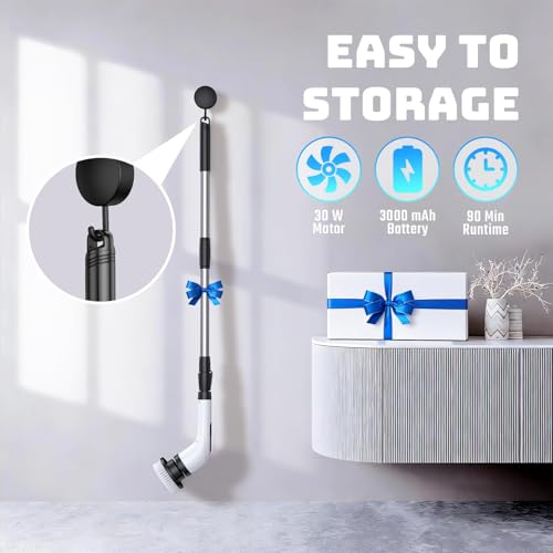 Highyes Electric Spin Scrubber, Powerful 2-Speed Cleaning Brush, IPX7 Waterproof with 7 Reusable Brush Heads & Extendable Handle, for Bathroom Toilet Shower Kitchen Wall Tile Floor Grout (White)
