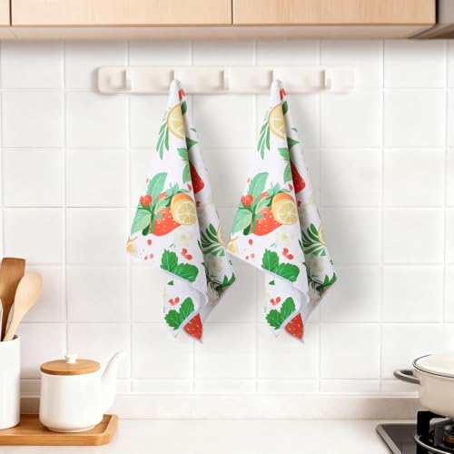 Decorative Kitchen Towels - Set of 2 Dish Towels for Kitchen 14 x 30 Inch Decoration Strawberry Hand Towels Soft & Ultra Absorbent, Reusable Quick Dry Microfiber Cloths for Baking Cooking Cleaning