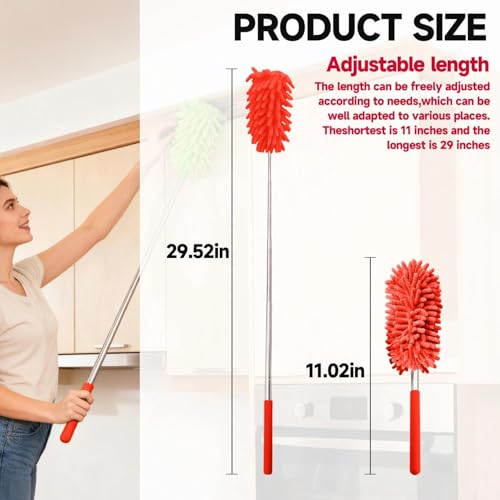 Extendable Microfiber Duster, Telescoping Dusting Brush for Home and Car Cleaning, Adjustable Length, Soft and Flexible - color: Elongated Red