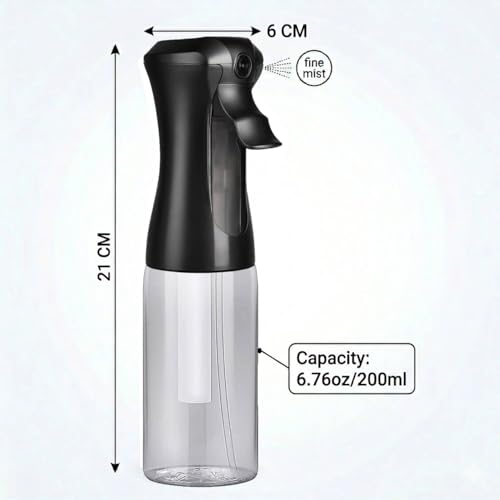 VIGOR PATH 200ml Continuous Mist Spray Bottle for Hair Plants and Skin Care | Ultra Fine Atomizer Leak Proof Ergonomic Construction 360 Refillable - size: 6.7oz - Black and Clear