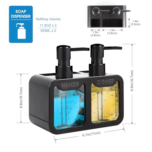 Kitchen Soap Dispenser Set, with Hand and Dish Soap, Sponge Caddy and Brush Holder 4-in-1 Kitchen Dual Soap Dispenser Set for Kitchen Sink, Bathroom - Black - color: Black