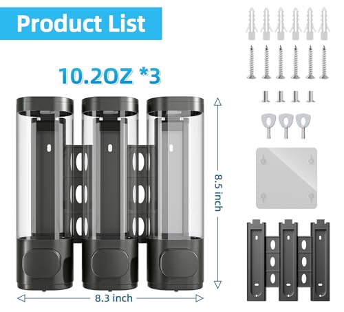 VITVITI Shampoo and Conditioner Dispenser for Shower Wall, Shower Soap Dispenser 3 Chamber No Drill Wall Mounted, 10.2 OZ Plastic Refillable Shower/Body Wash Bottles for Bathroom (Gun Gray) - color: Gray