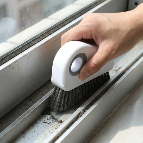 Qianyu 2 PCS Groove Cleaning Brush 2 in 1 Window Track Cleaning Tool Crevice Cleanings Brush Multifunction Hard Bristle with Hidden Scraper Grout Cleaner Grip Brushes for Slid Door Track Window Sill