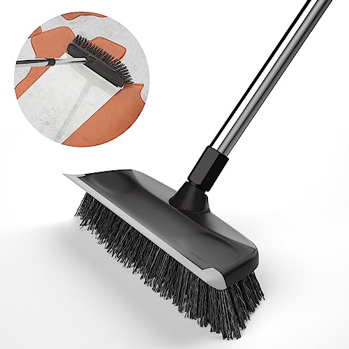 Heavy Duty Floor Scrub Brush with Long Handle, Adjustable Stainless Steel Handle, Stiff Bristles & Rubber Squeegee Scraper, Concrete Floor Scrubber for Cleaning Floor Concrete Deck Hardwood Patio Tile - style: Black+Grey