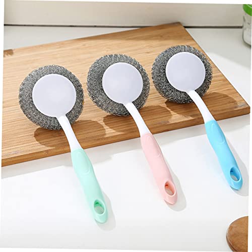 PartyKindom Pink Kitchen Cleaning Scrubber Dish Washing Brush Long Handle Steel Ball Brush for Easy Dish Cleaning - color: Pink