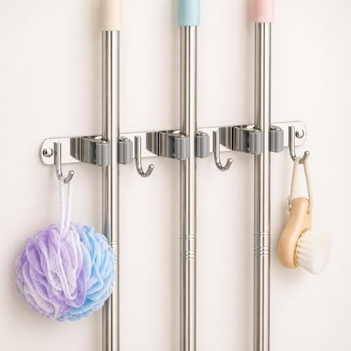 3 Racks and 4 Hooks Mop and Broom Holder Wall Mount, 304 Stainless Steel Broom Hanger Organizer for Home Kitchen Garden Laundry Garage - size: 3 Racks 4 Hooks