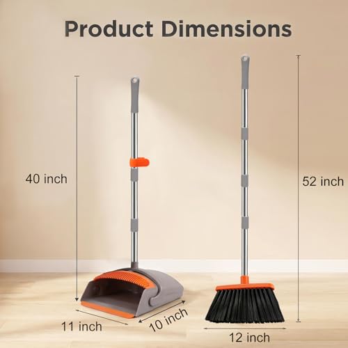 Broom with Standing Dustpan Combo Set, 52" Long Handle Self-Cleaning Teeth, 5-Row Stiff Bristles Angled Head, TPR Rubber Lip for Kitchen Pet Hair Sweeping Indoor Outdoor - color: Broom Dustpan Set
