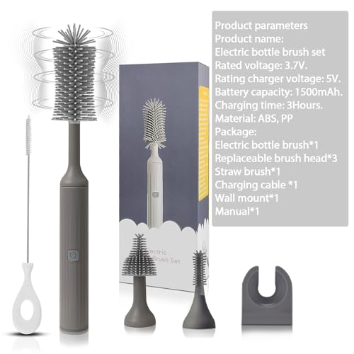 Electric Baby Bottle Brush Set with Rechargeable Electric Bottle Brush Cleaner and Replaceable Silicone Bottle Brushes and Straw Brush Cleaner, Waterproof Multi-Purpose Cleaning Brush(Grey) - color: Gray