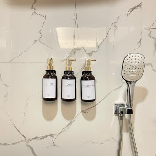 Shampoo Dispenser for Shower Wall, Shampoo and Conditioner Dispenser with 16 Waterproof Labels, No Drill Shower Soap Dispenser Bathroom, Shower Soap Dispenser Wall Mounted,17oz, 3 Pack, Gold Amber - color: 1-amber Bottle + Gold Pump