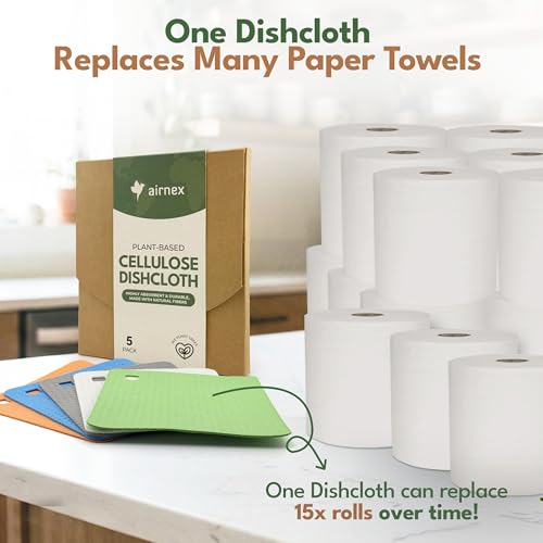 AIRNEX 5 Pack Cellulose Swedish Dishcloths for Kitchen - Eco-Conscious Reusable Dish Towels & Cloths - Super Absorbent, Odor Resistant and Fast Drying Wash Cloths for Dishes & Surfaces - size: 5 Pack