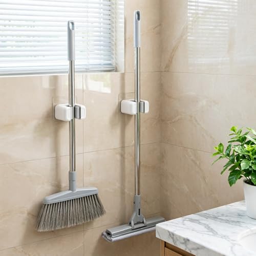 2Pcs Wall Mounted Mop and Broom Holder, No Drilling Self Adhesive Plastic Organizer, Durable White Storage Rack for Kitchen and Bathroom