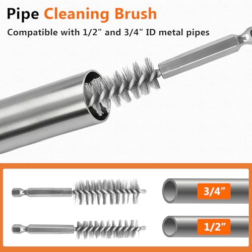 1/2" & 3/4" Cleaner Set for Drill,with 1/4" Hex Shank & 6 Brush Blades & 2 Pipe Cleaning Brush,Drill Copper Pipe Cleaner for Removing Rust,Stains & Paint from Copper & Metal Pipes