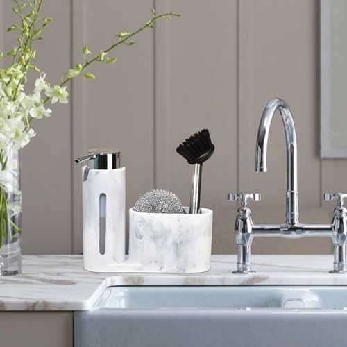 Soap Dispenser with Sponge Holder, Kitchen Soap Dispenser Pump, Sponge Caddy and Brush Holder 3 in 1 Set Organizer for Sink Countertop, Rustproof(White) - color: White