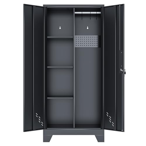 61" Metal Storage Cabinet with Lockable Doors, Cleaning Supply Cabinet with Pegboard and Hanging Rod. Garage Tool Storage Cabinets for Home, Laundry, Office, Home Kitchen Utility Cabinet - size: 61" Cabinet Black
