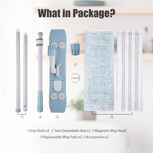 Homilifibra Dust Mop for Floor Cleaning,Magnetic Floor Flat Mop with 2 Washable Pads -Extendable 64‘’ Iron Handle for Hardwood Tile Marble Laminate Floors,Blue&Gray