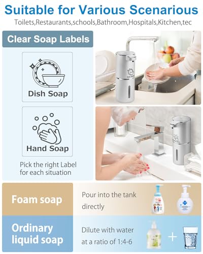 Automatic Foaming Soap Dispenser,4-Level Adjustable Foam, Wall Mount, USB Rechargeable,12.8oz/ 380ml,Touchless Hand & Dish Soap Dispenser for Bathroom, Kitchen,Hotel, Restaurant - color: Silvery, style: Foam
