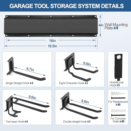 66'' Garage Tool Organizer Wall Mount 18Pack 750lbs Heavy Duty | Include 14 Adjust Hooks Garden Tool Organizer, Garage Wall Organizer for Garden Yard Tool Shovel Rake Broom Ladder Weed Eater - size: 66''-18Pack