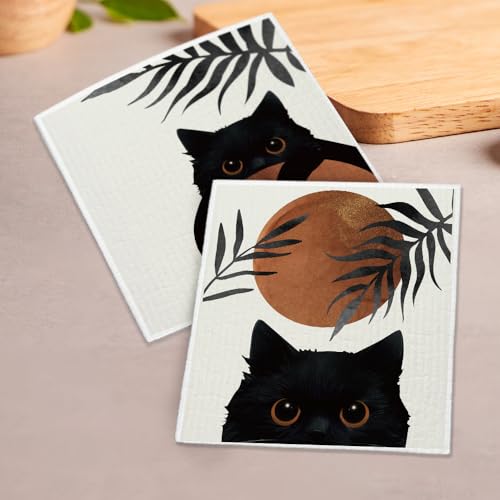 Boho Sun Black Cat Swedish Dishcloths 2 Pack, Reusable Cellulose Sponge Cloths for Kitchen Cleaning, Cute Cat Printed Dish Rags for Kitchen Washing Dishes and Counters