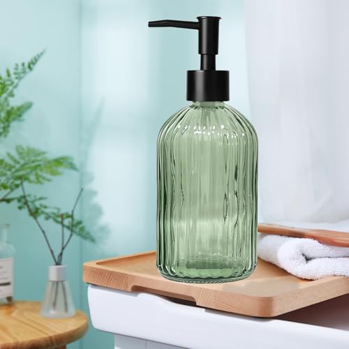 14 Oz Black Pump Glass Soap Dispenser, Green Stripe Countertop Refillable Liquid Bottle Hand Dish Lotion Dispenser with Plastic Pump, for Kitchen, Bathroom - color: Green