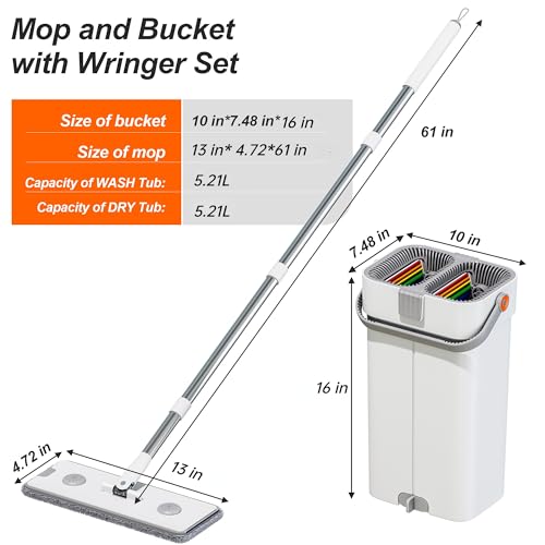 Mop and Bucket Set, Flat Mop and Bucket System, Mop Bucket with Wringer, Wall Mop with Adjustable Handle (Max 61 Inches), 5 Washable Microfiber Mop Pads