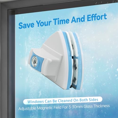 Double-Sided Magnetic Window Cleaner, Blue | Adjustable Magnetic Equipment, Fits 3-30mm Glass Thickness, 2.5m Safety Rope, High-Rise & Auto Glass, Safe Anti-Pinch Wiper - color: Blue