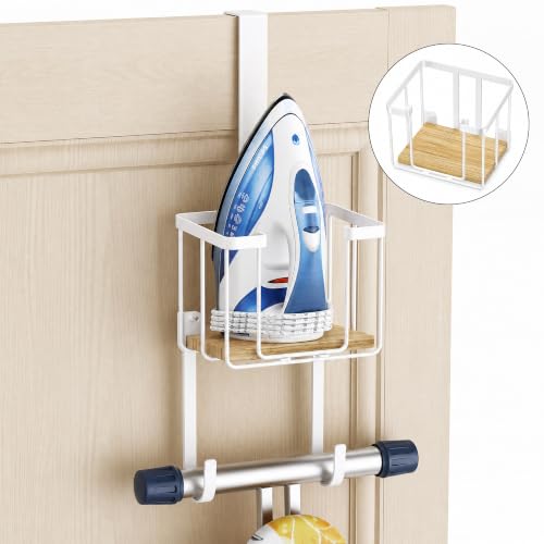 ORLESS Ironing Board Hanger Over Door & Wall Mount, White | 2 in 1 Heavy Duty Iron Board Holder with Storage Basket, Fits T/Y Boards, Laundry Room Space Saver - color: White Iron Natural Wood