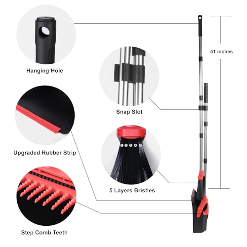 Tiumso Upgrade Broom and Dustpan Set, 51'' Sturdy Long Handle, Large Upright Stand Up Broom and Dustpan, ZeroGap Lip, Self-Cleaning Dustpan Teeth for Lobby Kitchen Office Floor - Black and Red - color: Black and Red