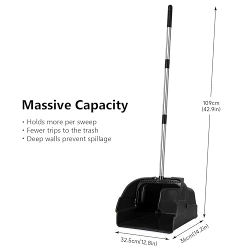 Jumbo Commercial Dustpan with Wheels & Comb Teeth - Heavy Duty 14.2" Rolling Debris Pan - Long Handle Extra Large Upright Dust Pan for Industrial Warehouse Garage Restaurant Sidewalk Outdoor - Black - color: Black