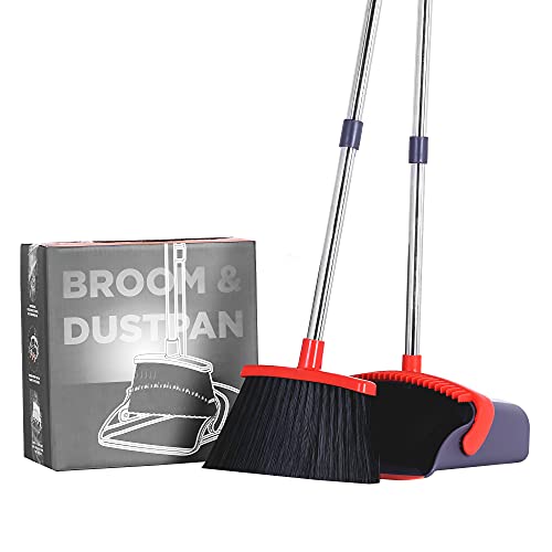 Broom with Dustpan Combo Set Broom and Dustpan Set Dust Pan with Stainless Steel Long Handle, Brooms with 5-Layer Soft Bristles for Sweeping Office Kitchen Home Pet Hair Lobby - color: Purple&red