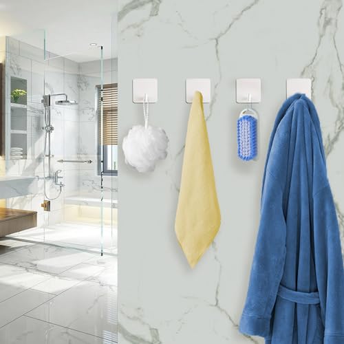 FOTYRIG Adhesive Towel Hooks Heavy Duty Stick on Towel Holder Wall Hangers Waterproof Stainless Steel Sticky Hooks for Hanging White Bathroom Kitchen Home-4 Packs - color: White
