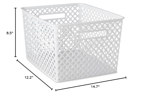 Large White Decorative Plastic Storage Basket - Heavy-Duty, Stackable, Dustproof with Handles for Living Room, Closet & Home Organization