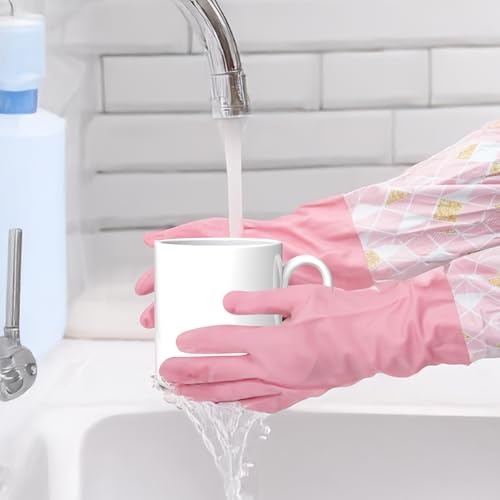 Dishwashing Cleaning Gloves with Cotton Lined, 3 Pairs | Reusable, Waterproof, Non-Slip, Elbow Length, Latex-Free Household Glove For Laundry Cleaning Working Gardening
