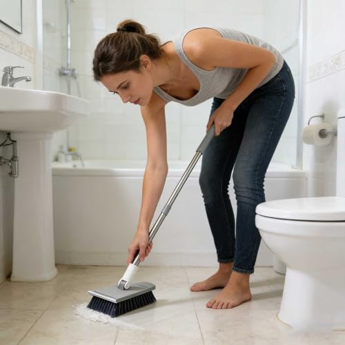 Tub Tile Scrubber Brush 2 in 1 Cleaning Brush 33.46 Inch, Adjustable Telescopic Pole Stiff Bristles Scouring Pads for Cleaning Bathroom Kitchen Toilet Wall Tub Tile Sink Non Scratch (Gray) - color: Gray