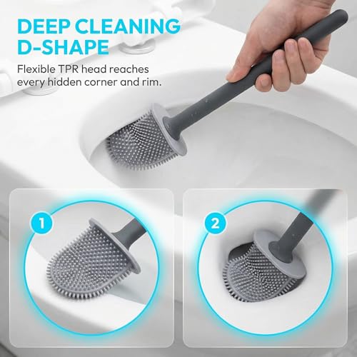 RV Silicone Toilet Brush with Holder, Drill-Free Wall Mounted Toilet Bowl Cleaner, Anti-Drip Anti-Roll Compact Brush for RV Camper & Small Bathroom - color: Black