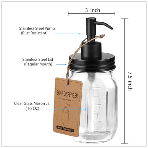 SheeChung 16 Oz Mason Jar Liquid Soap Dispenser, Glass Hand Soap Dispenser, Stainless Steel Pump Lid, Refillable Lotion Dispensers for Bathroom Countertop Kitchen (2, Black) - color: Black-2 Pack, Regular Mouth