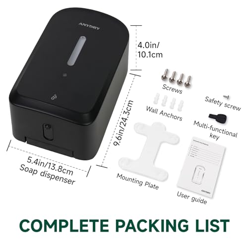 anydry Commercial Automatic Soap Dispenser Large 34oz/1000ml Capacity Wall-Mounted Touchless Liquid Dispenser for High-Traffic Restrooms, Offices, Hospitals Model AD1220S Black - color: Black
