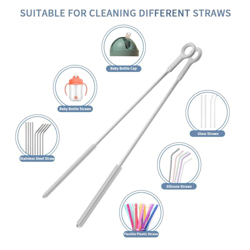 Reusable Silicone Straw Cleaner Brush Set, 2-Pack Extra Long Straw Cleaning Brush for Metal/Glass/Water Bottle/Drinking Straws, Flexible&Bendable Design, Dishwasher Safe, 6mm & 8mm Diameter - color: Light Grey