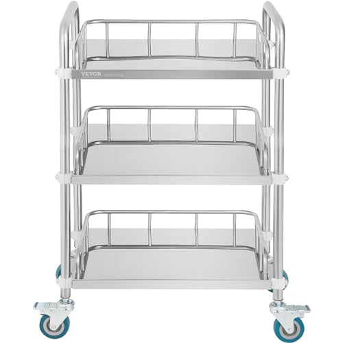 VEVOR Lab Rolling Cart, 3-Shelf Stainless Steel Rolling Cart, Lab Serving Cart with Swivel Casters, Dental Utility Cart for Clinic, Lab, Hospital, Salon, 26.38"x15.55"x34.13" - size: 3-tier shelves