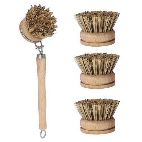 Wooden Dish Brush Set, 4 Natural Bristle Replacement Heads with 1 Sturdy Wooden Handle, Palm Kitchen Scrub Brush for Pots, Pans, Vegetables and Cookware - size: Hard