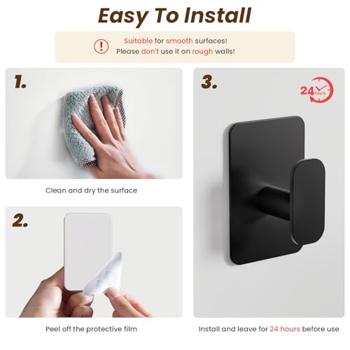 Large Heavy Duty Wall Hooks - 26lb Max, Stainless Steel Adhesive Towel Hooks for Hanging Towel, Coat, Robe, Hat, Sticky Towel Holder for Wall Mount in Bathroom, Shower, Kitchen (Black, 4 Pack) - color: Black