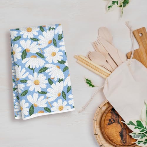 Daisy Waffle Kitchen Towel - Quick Dry Microfiber Sustainable Dish Towels - Ultra Absorbent Reusable Cleaning Tea Towels for Bathroom Kitchen - Lightweight Hand Towel, 24x14 Inch, Daisy Dreams - color: Daisy Print
