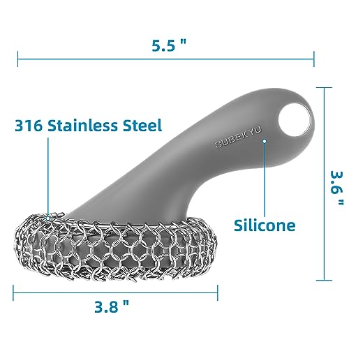 SUBEKYU Cast Iron Scrubber with Silicone Handle, Stainless Steel Cast Iron Skillet Cleaner Chainmail Scrubber for Pans, Grey - color: Gray