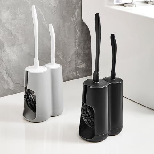 Toilet Brush & Pumice Stone Brush Combo, 2-in-1 Toilet Bowl Brush with Curved Deep Cleaning Brush and Extended Handle, Dual-Slot Holder Set, Compact Size Toilet Cleaner Brush Organizer (Dark Black) - color: Dark Black